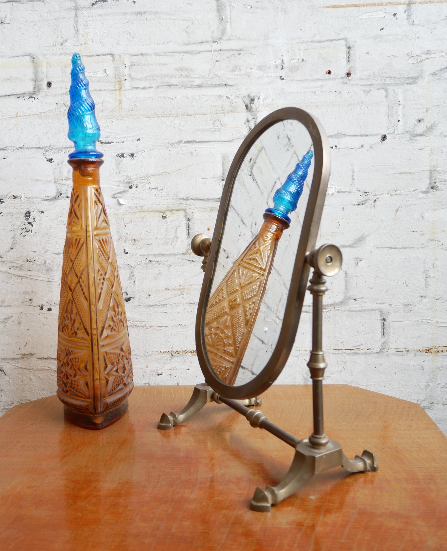 Vintage Brass Miniature Cheval Table Top Vanity Shaving Swing Mirror