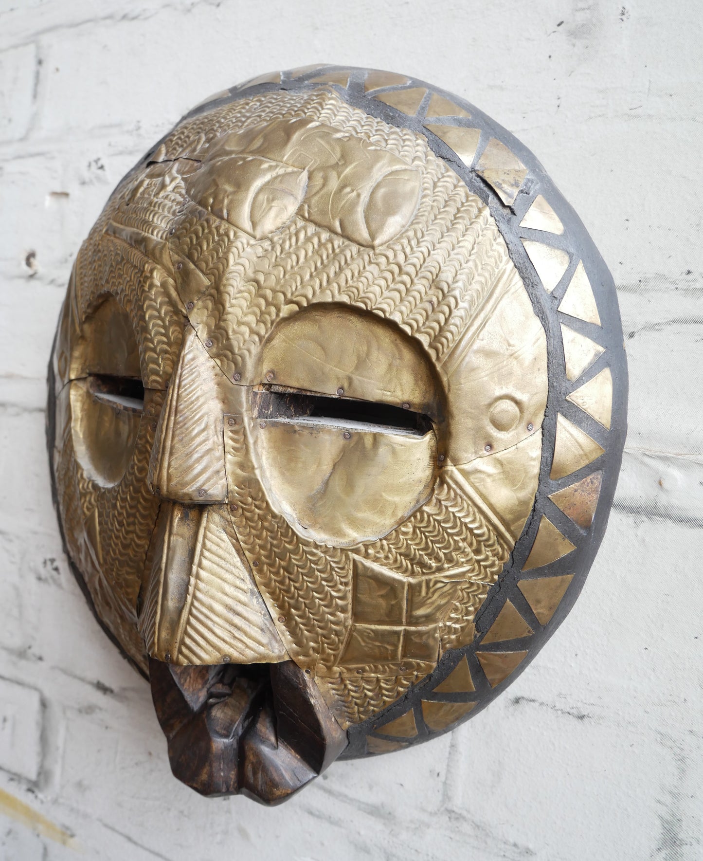 Vintage African Ghana Ghanaian Tribal Carved Wood & Pressed Brass Wall Hanging Mask