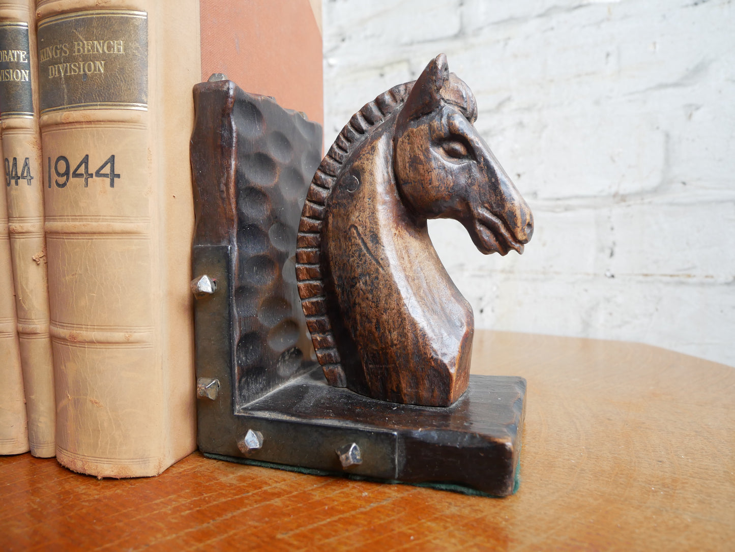 Vintage 1930s - 50s Carved Wood and Metal/ Horseshoe Nails Horse Bookends Book Stops.