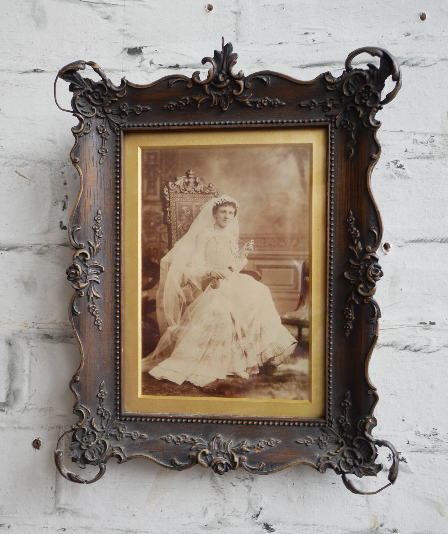 Distressed Antique Edwardian George Barnes Picture Wall Frame with Period Photograpgh of a Bride.