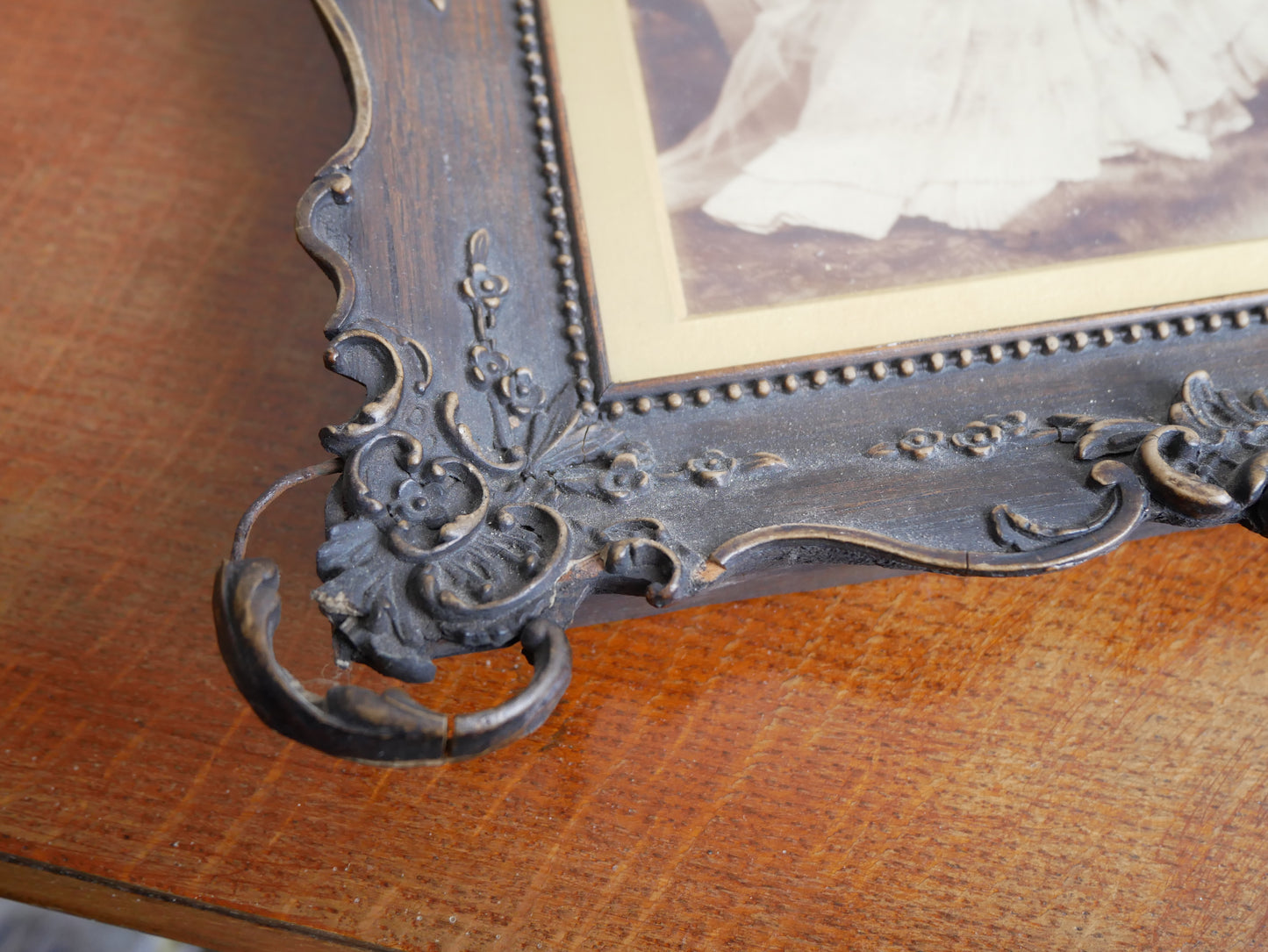 Distressed Antique Edwardian George Barnes Picture Wall Frame with Period Photograpgh of a Bride.
