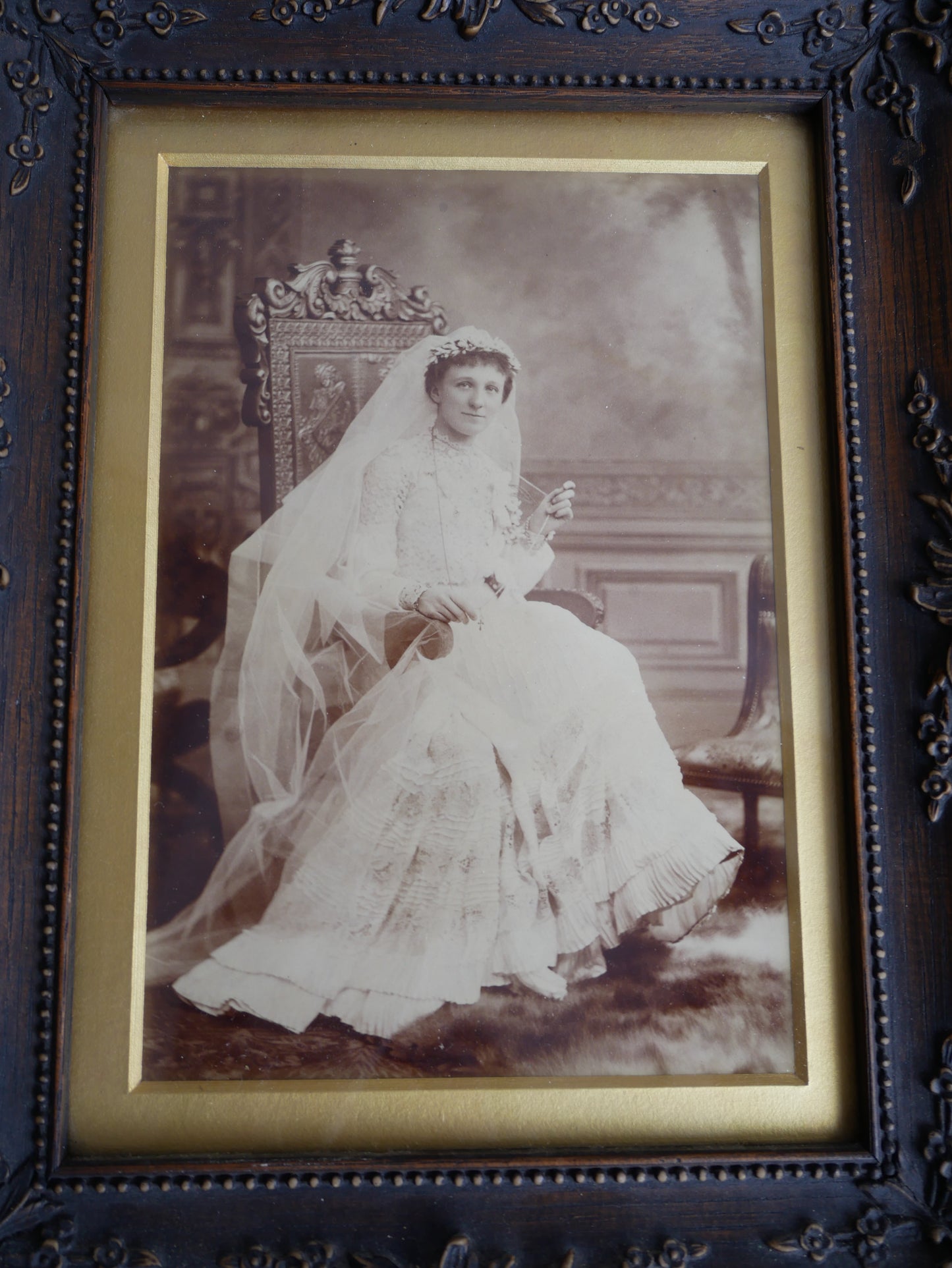 Distressed Antique Edwardian George Barnes Picture Wall Frame with Period Photograpgh of a Bride.