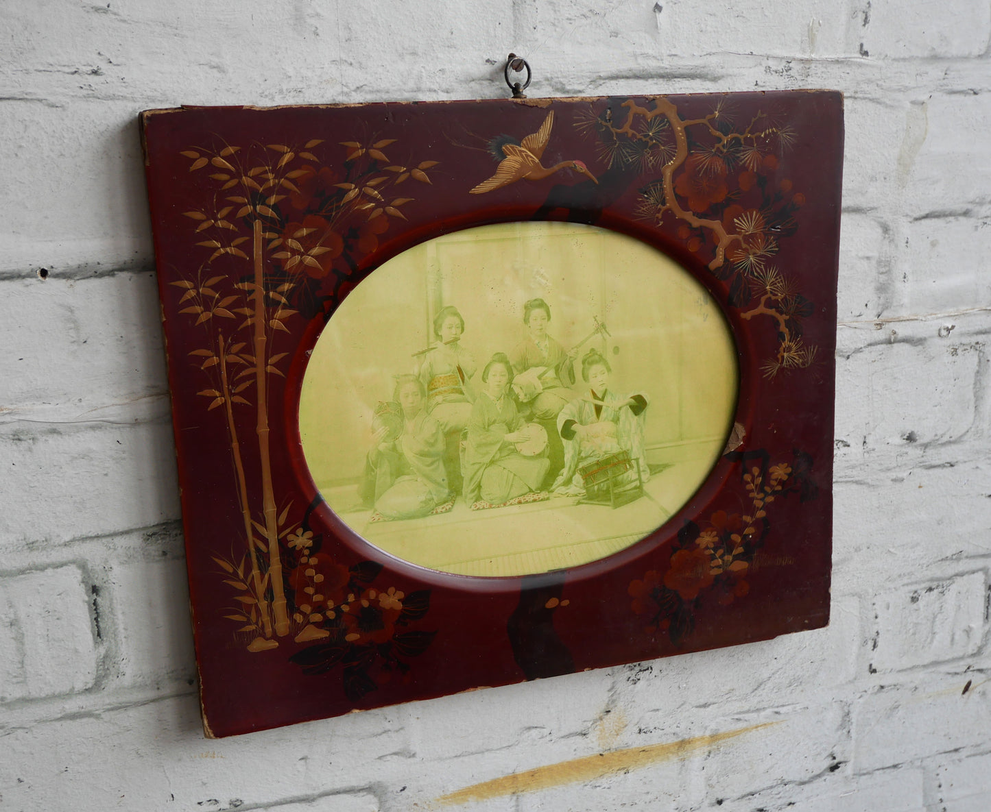 Distressed Antique Meiji Period Japanese Lacquered Chinoiserie Wall Frame with Geisha Girls Photograph