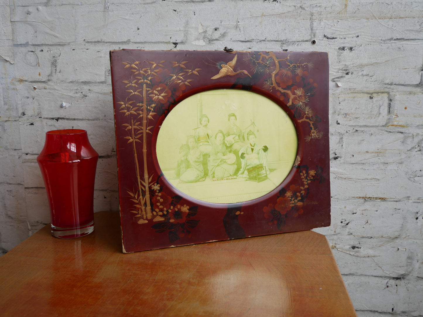 Distressed Antique Meiji Period Japanese Lacquered Chinoiserie Wall Frame with Geisha Girls Photograph