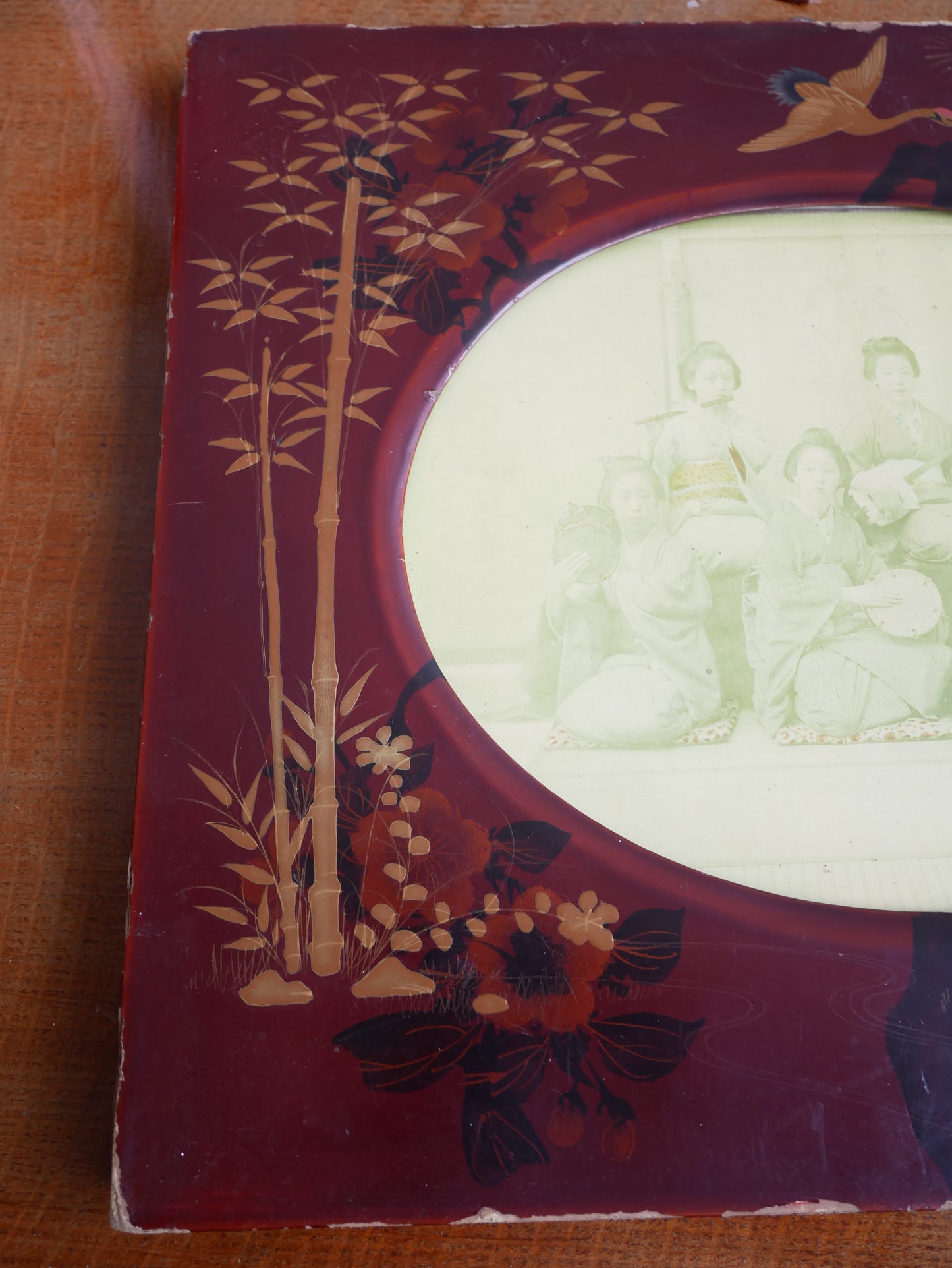 Distressed Antique Meiji Period Japanese Lacquered Chinoiserie Wall Frame with Geisha Girls Photograph
