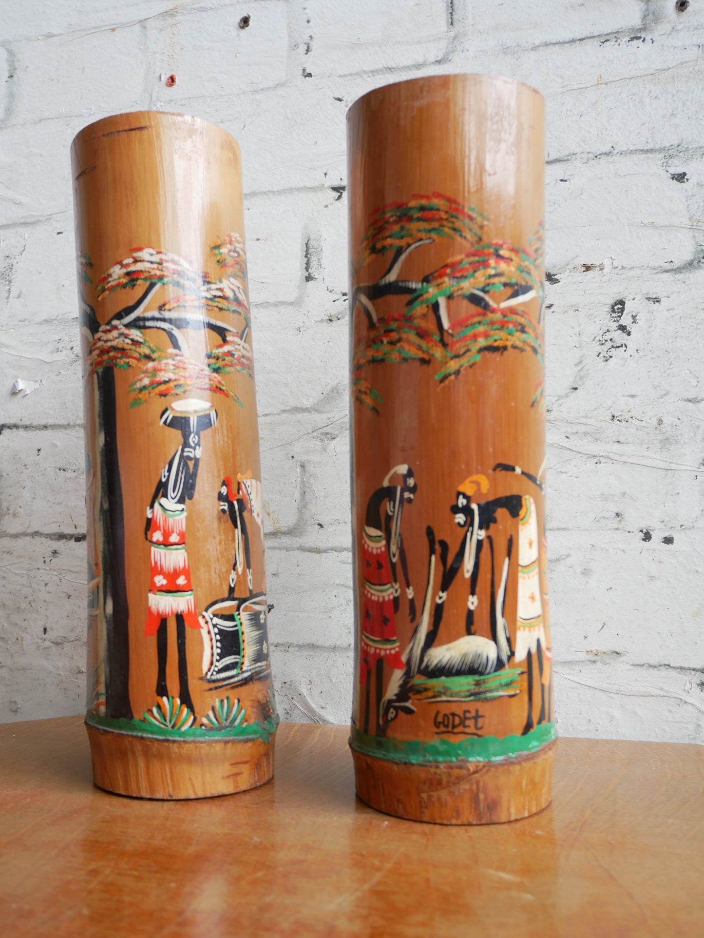 Pair of Vintage 1950s Bamboo Brush Pots Vases Depicting Hanpainted African Scenes