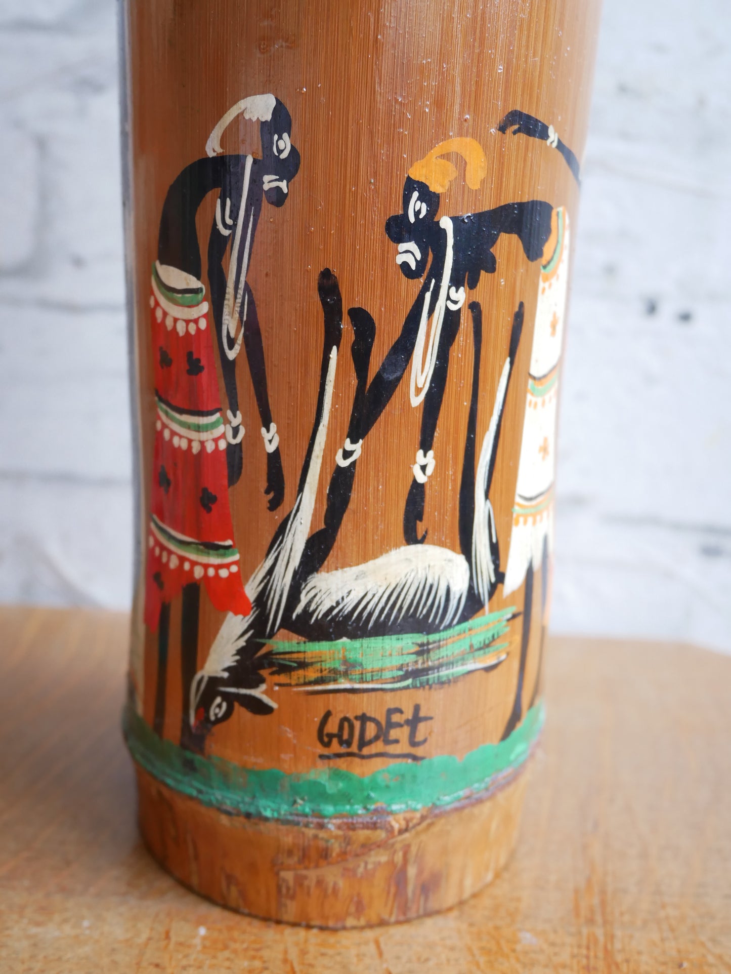 Pair of Vintage 1950s Bamboo Brush Pots Vases Depicting Hanpainted African Scenes