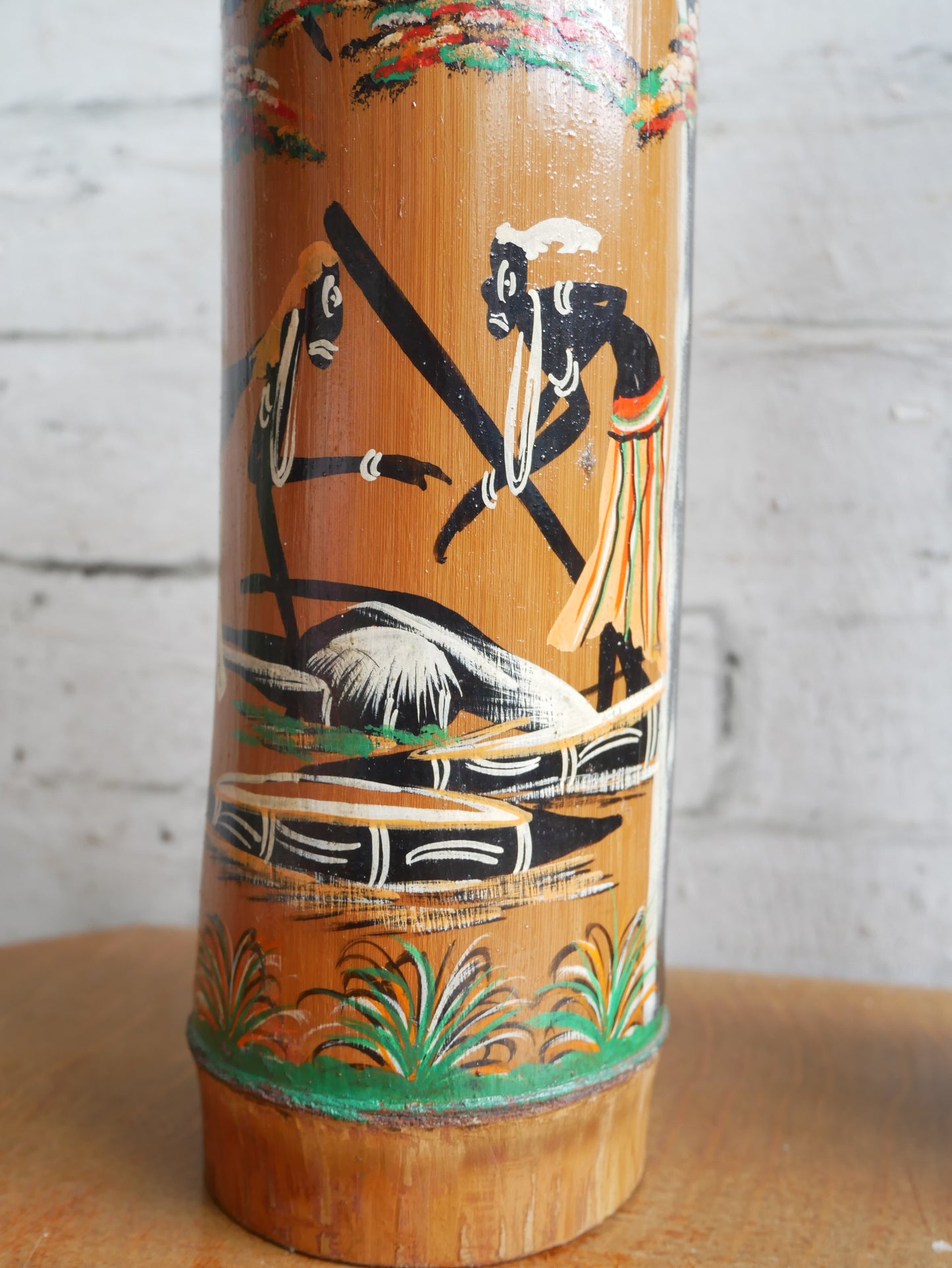 Pair of Vintage 1950s Bamboo Brush Pots Vases Depicting Hanpainted African Scenes
