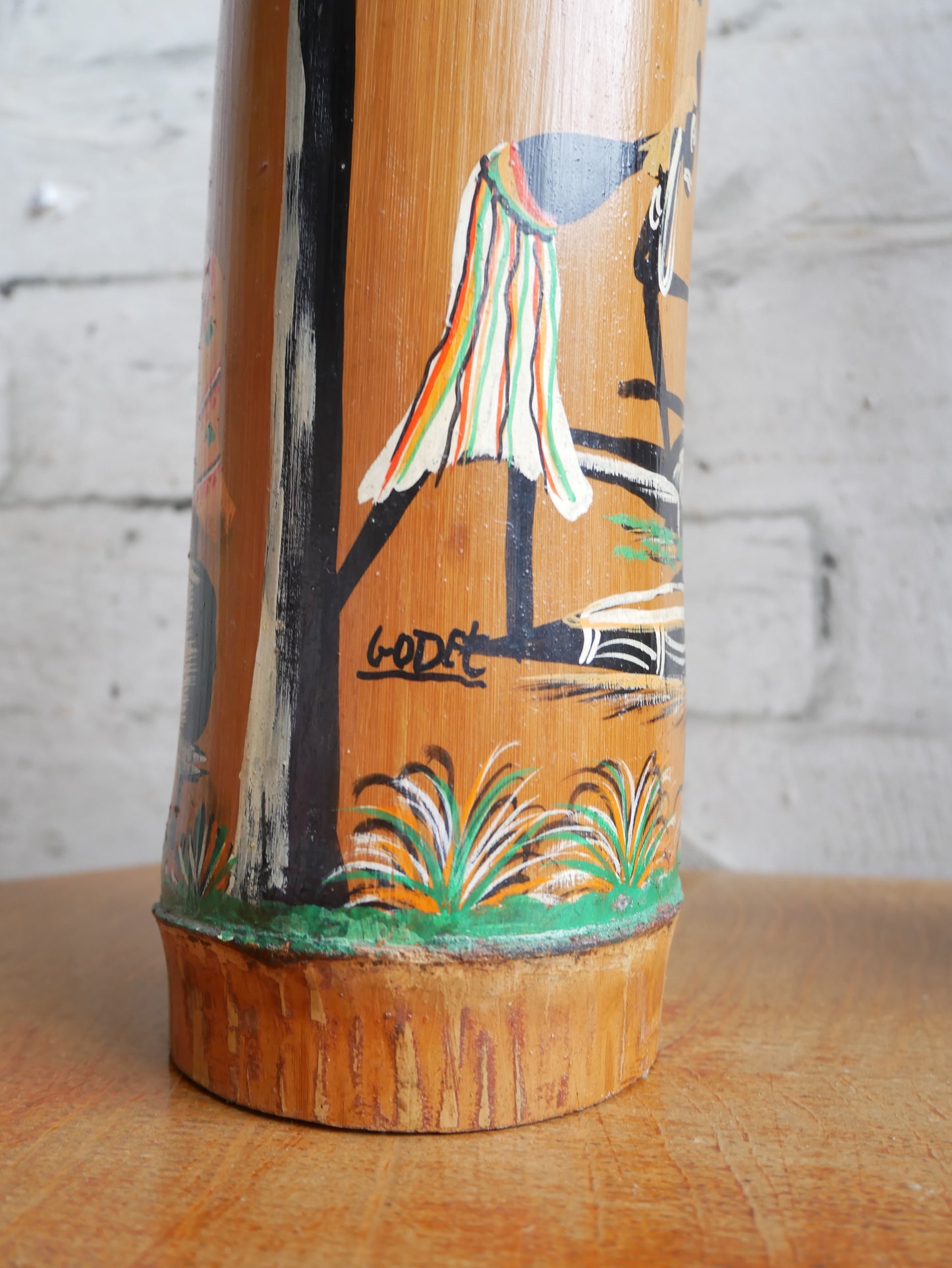 Pair of Vintage 1950s Bamboo Brush Pots Vases Depicting Hanpainted African Scenes