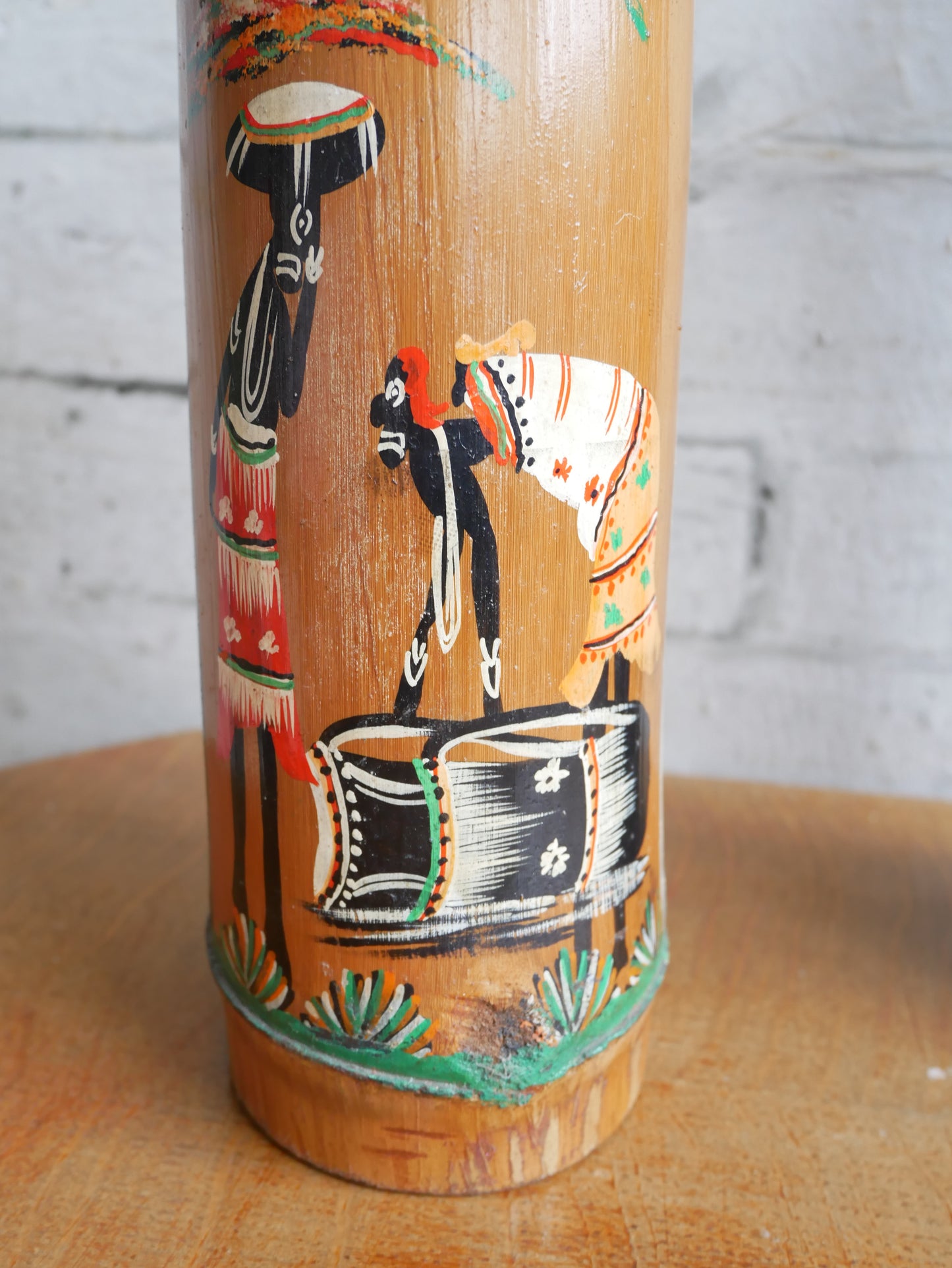 Pair of Vintage 1950s Bamboo Brush Pots Vases Depicting Hanpainted African Scenes