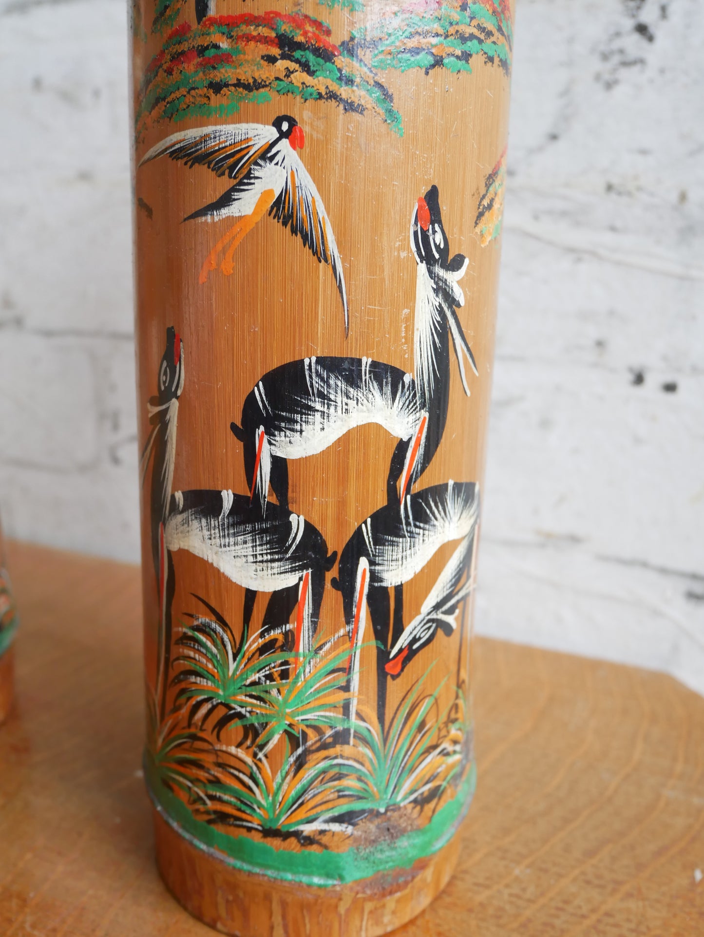 Pair of Vintage 1950s Bamboo Brush Pots Vases Depicting Hanpainted African Scenes