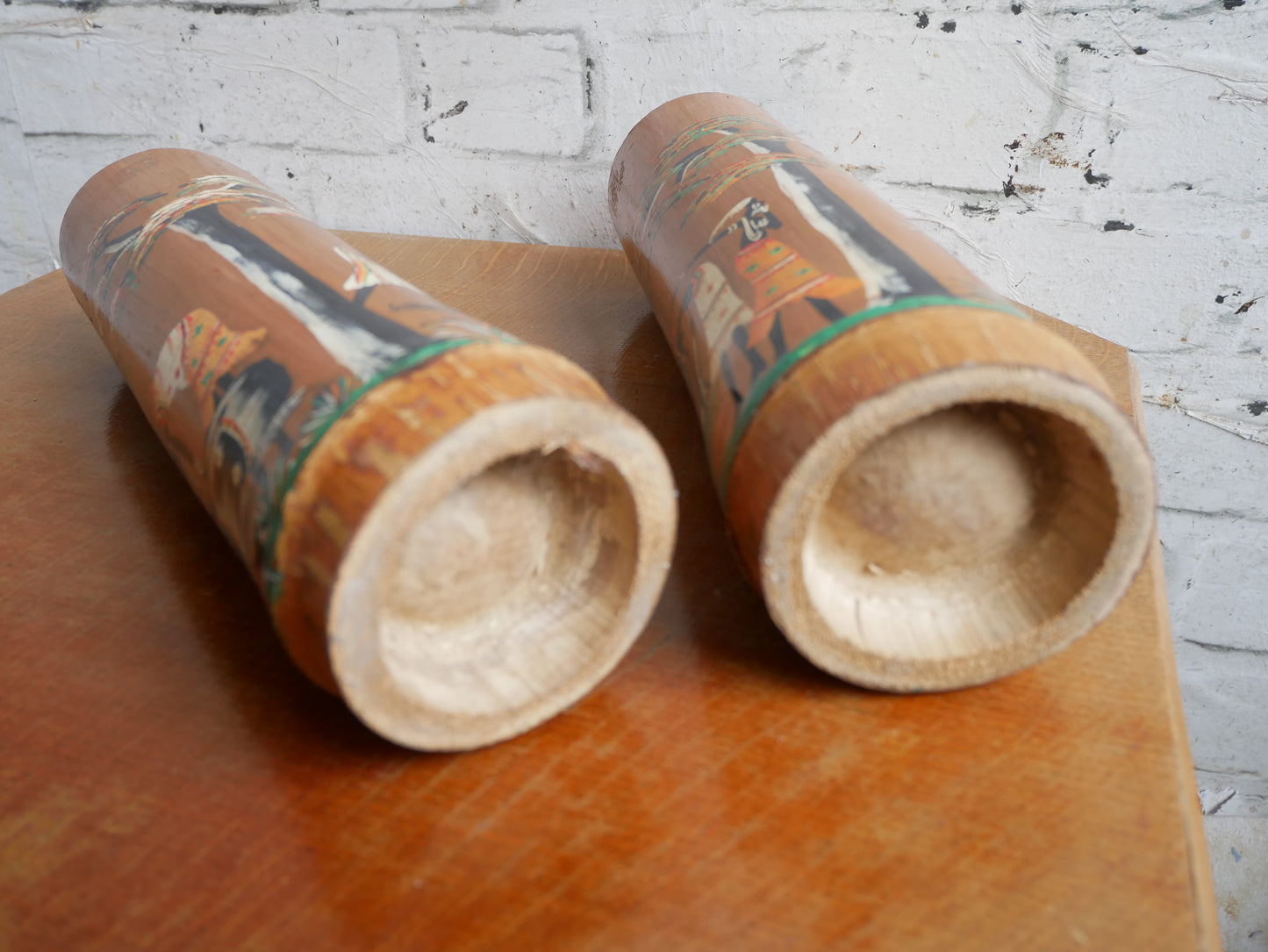 Pair of Vintage 1950s Bamboo Brush Pots Vases Depicting Hanpainted African Scenes