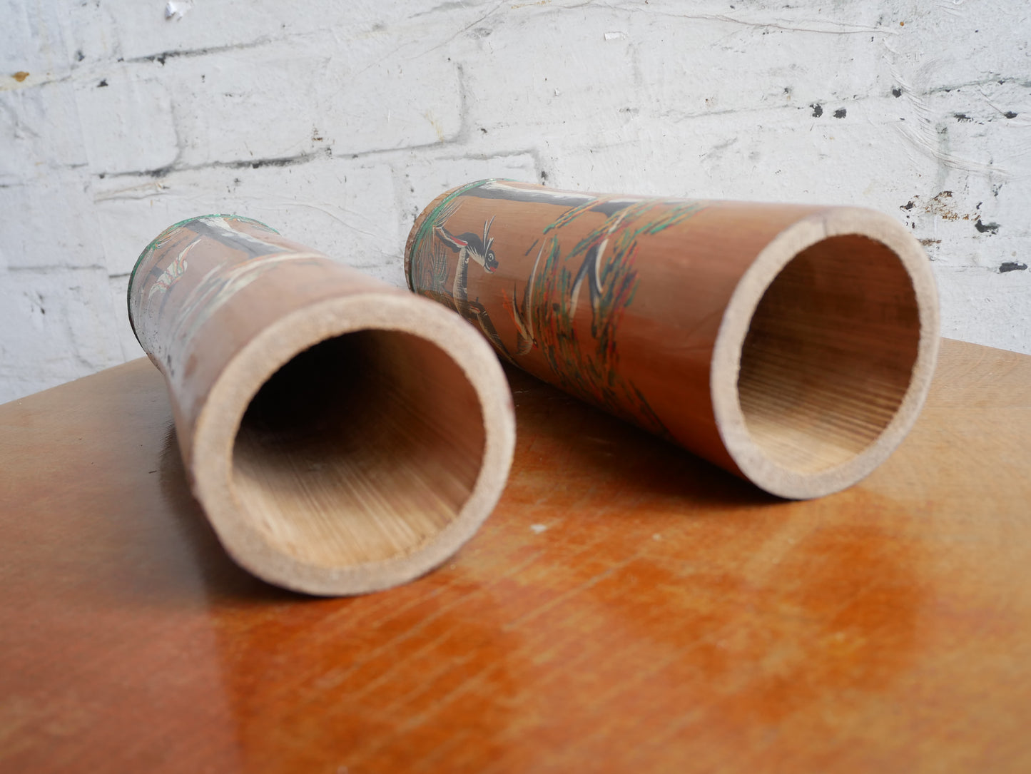 Pair of Vintage 1950s Bamboo Brush Pots Vases Depicting Hanpainted African Scenes