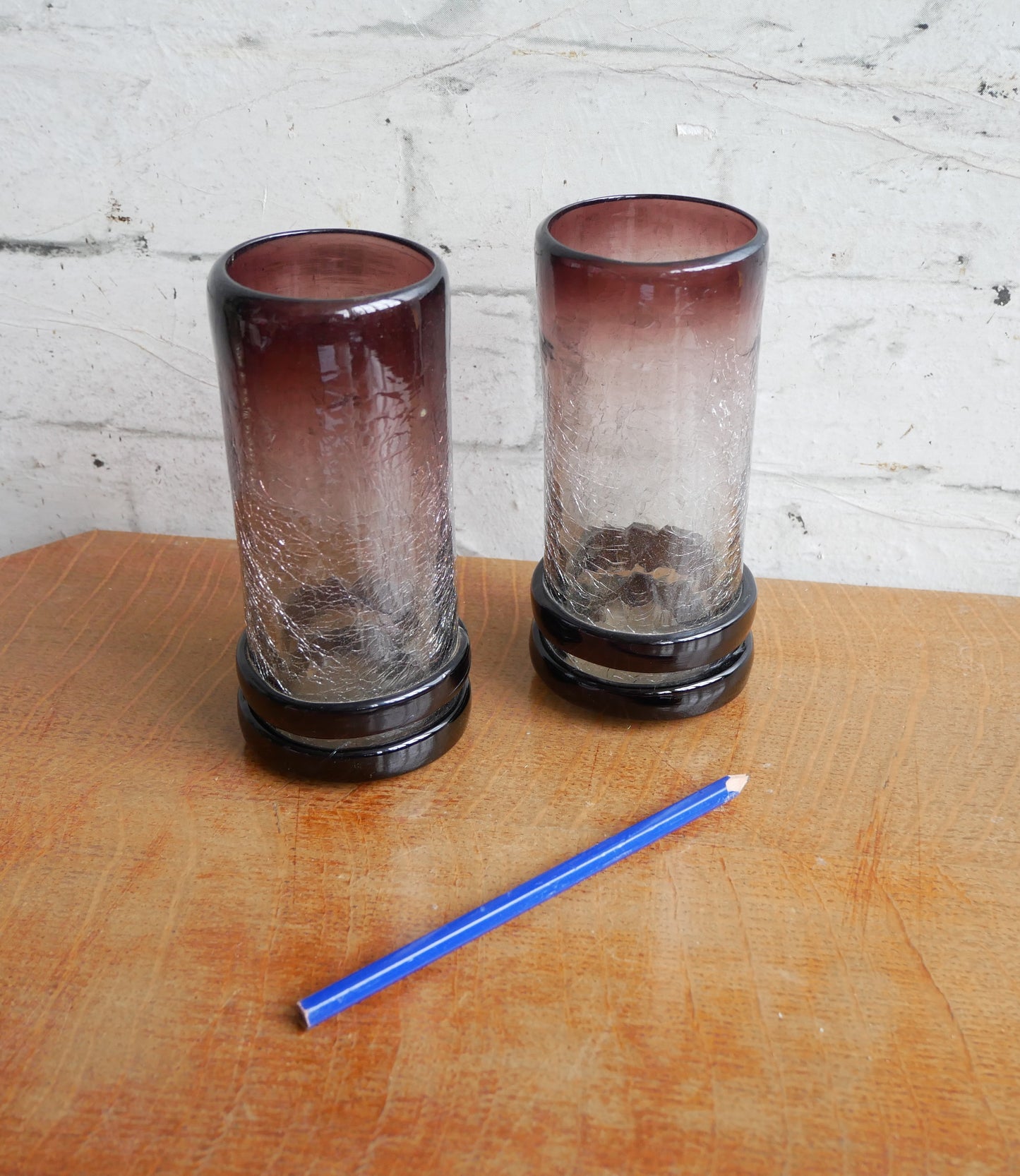 Pair of Small Vintage Aubergine Hooped Crackled Glass Hand Blown Vases