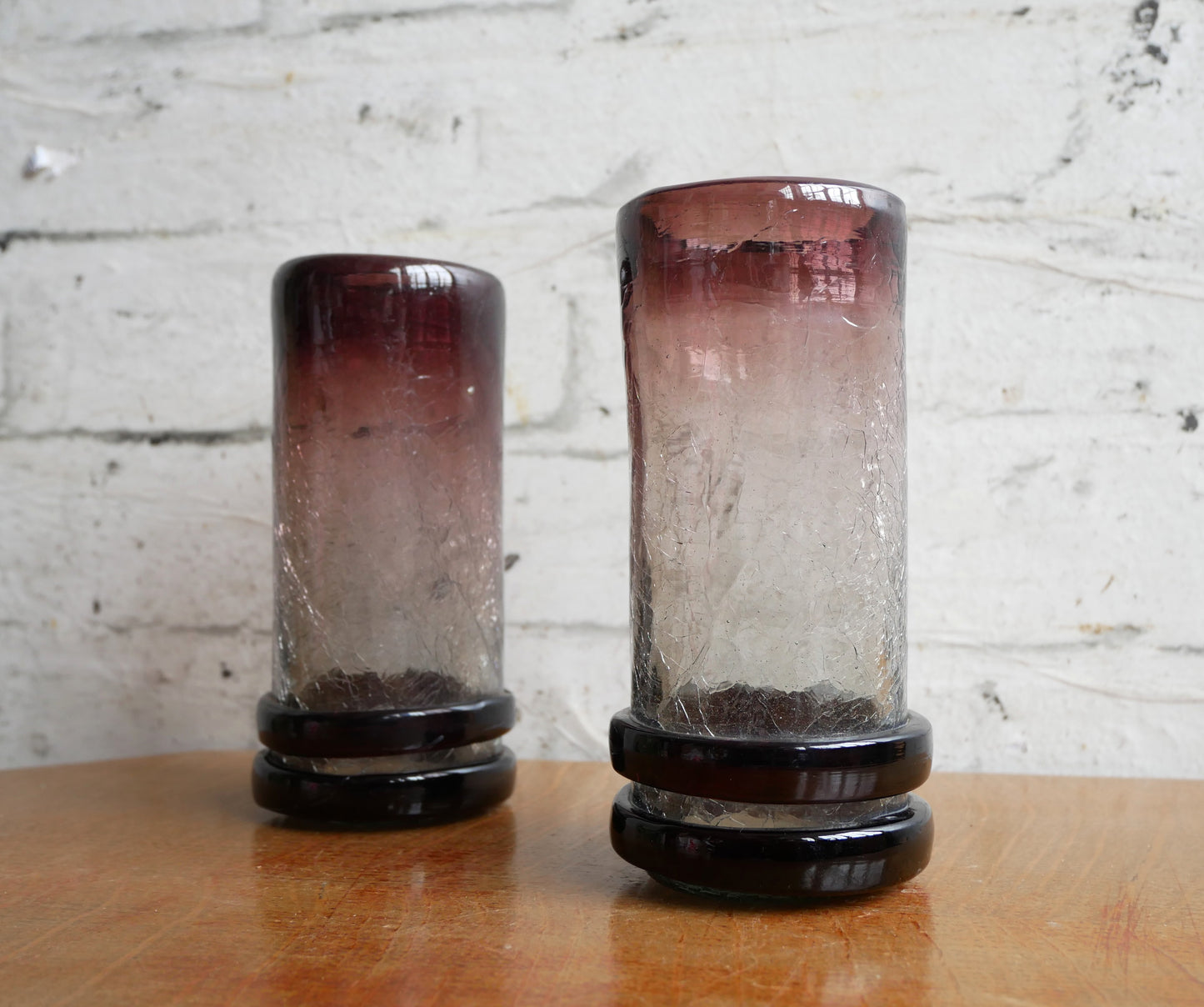 Pair of Small Vintage Aubergine Hooped Crackled Glass Hand Blown Vases