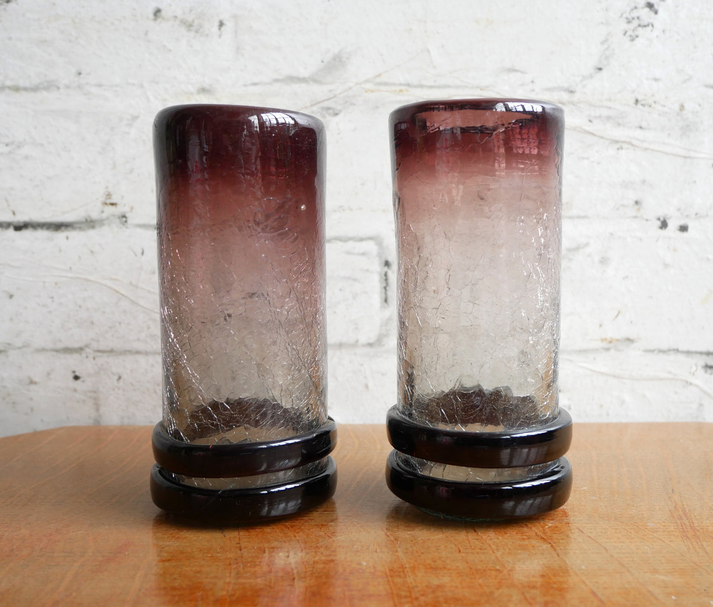 Pair of Small Vintage Aubergine Hooped Crackled Glass Hand Blown Vases