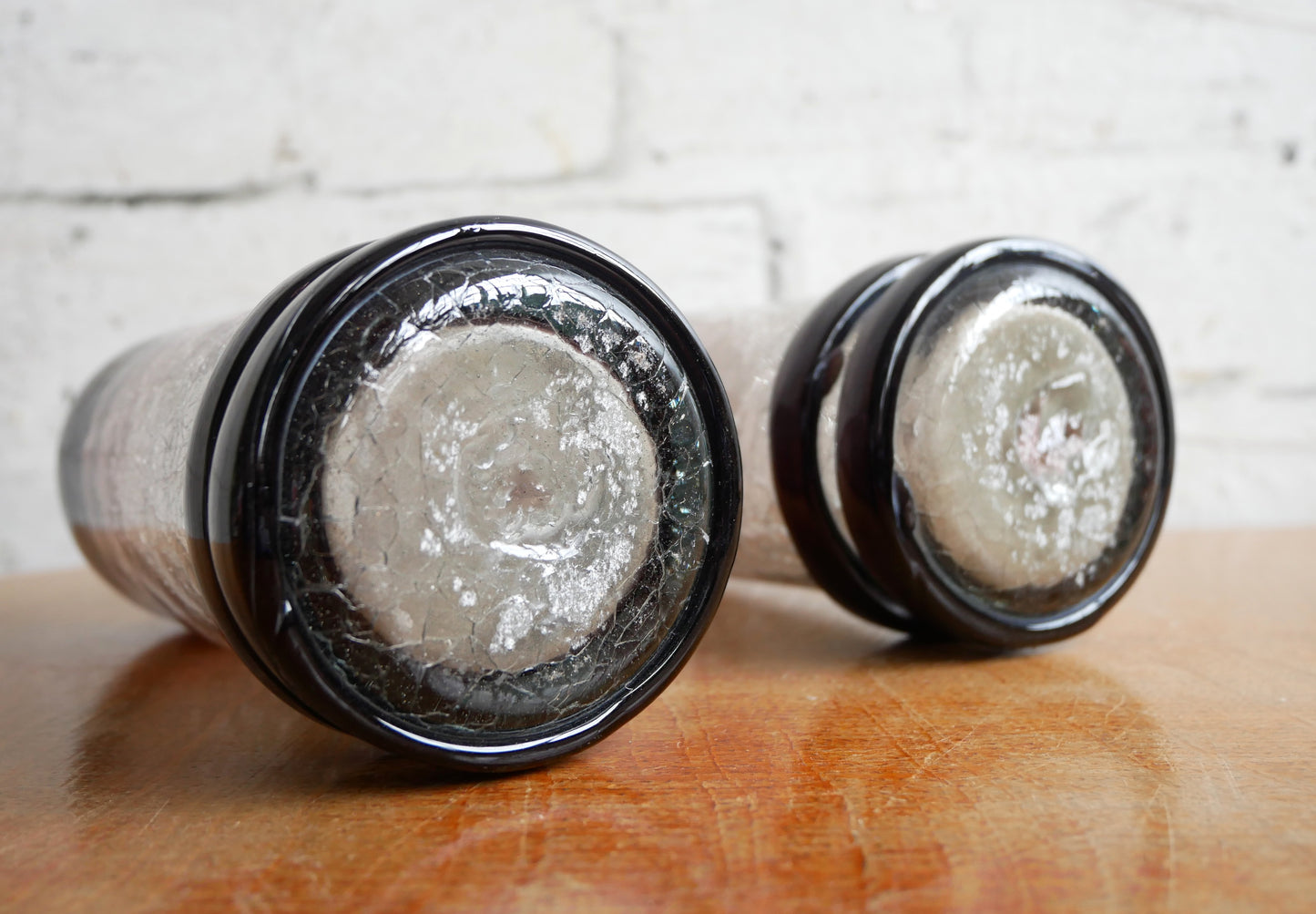 Pair of Small Vintage Aubergine Hooped Crackled Glass Hand Blown Vases