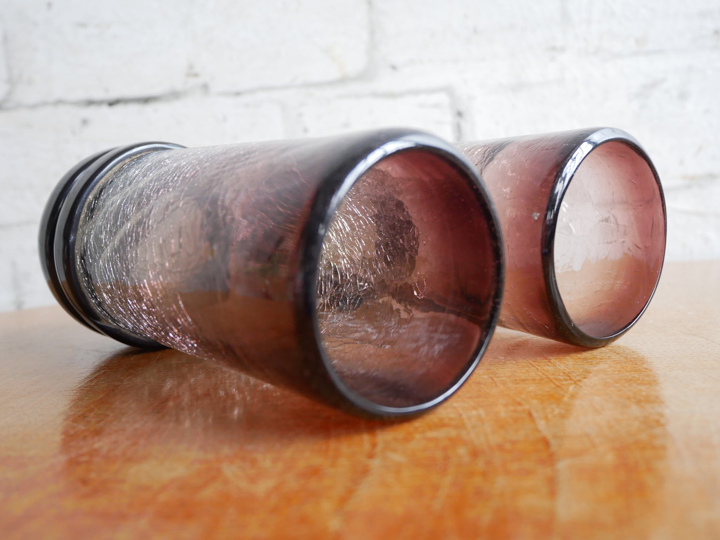 Pair of Small Vintage Aubergine Hooped Crackled Glass Hand Blown Vases
