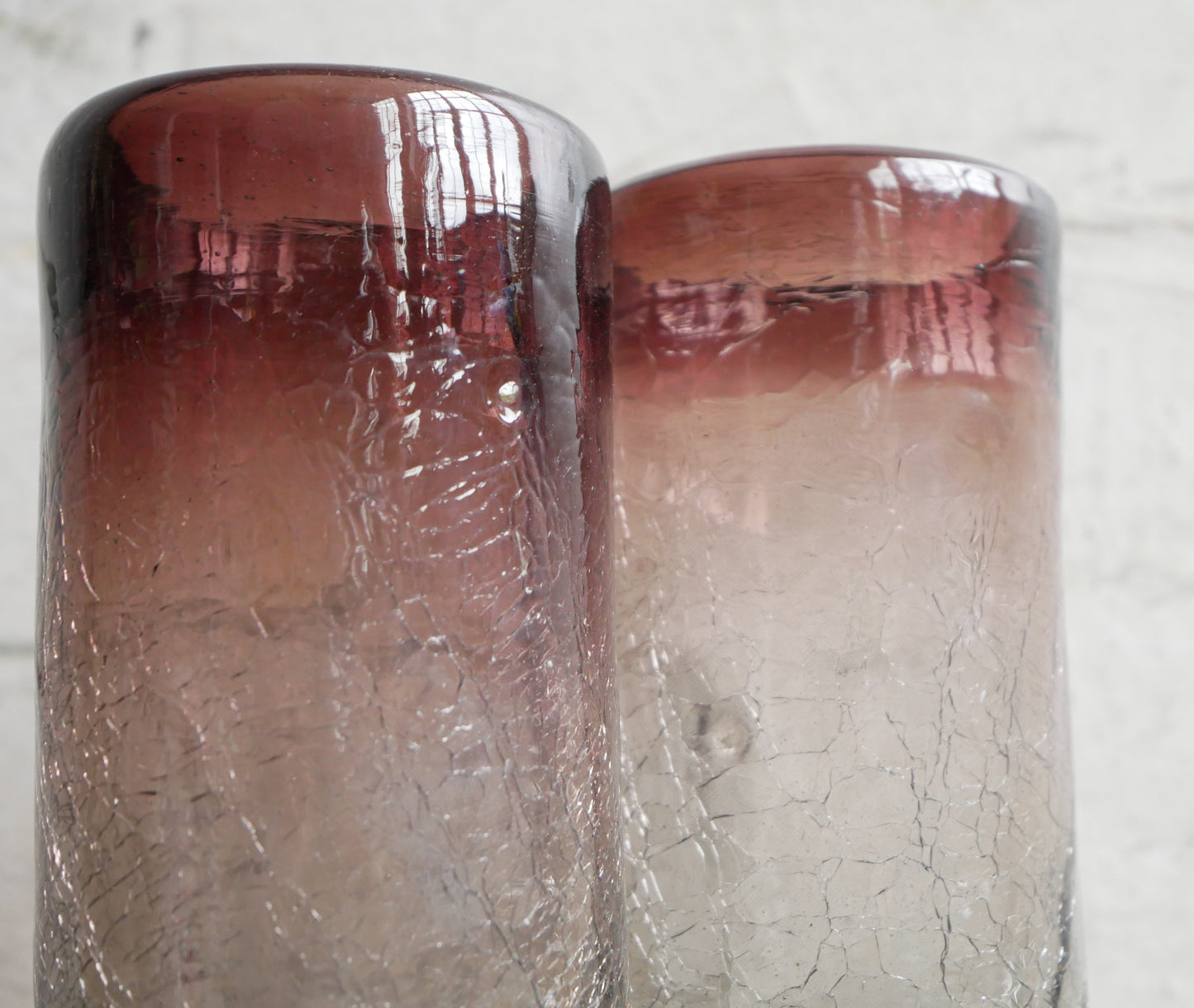 Pair of Small Vintage Aubergine Hooped Crackled Glass Hand Blown Vases