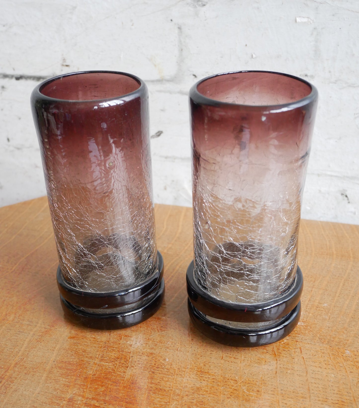 Pair of Small Vintage Aubergine Hooped Crackled Glass Hand Blown Vases