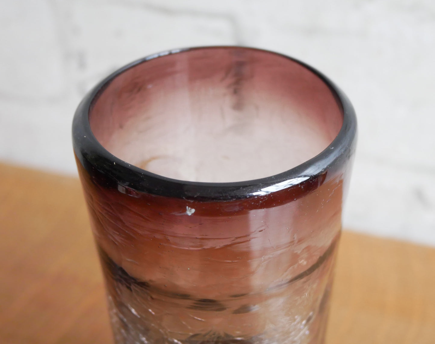 Pair of Small Vintage Aubergine Hooped Crackled Glass Hand Blown Vases