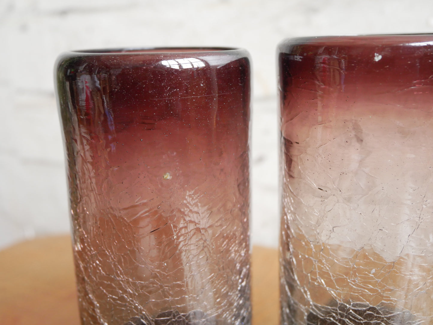 Pair of Small Vintage Aubergine Hooped Crackled Glass Hand Blown Vases