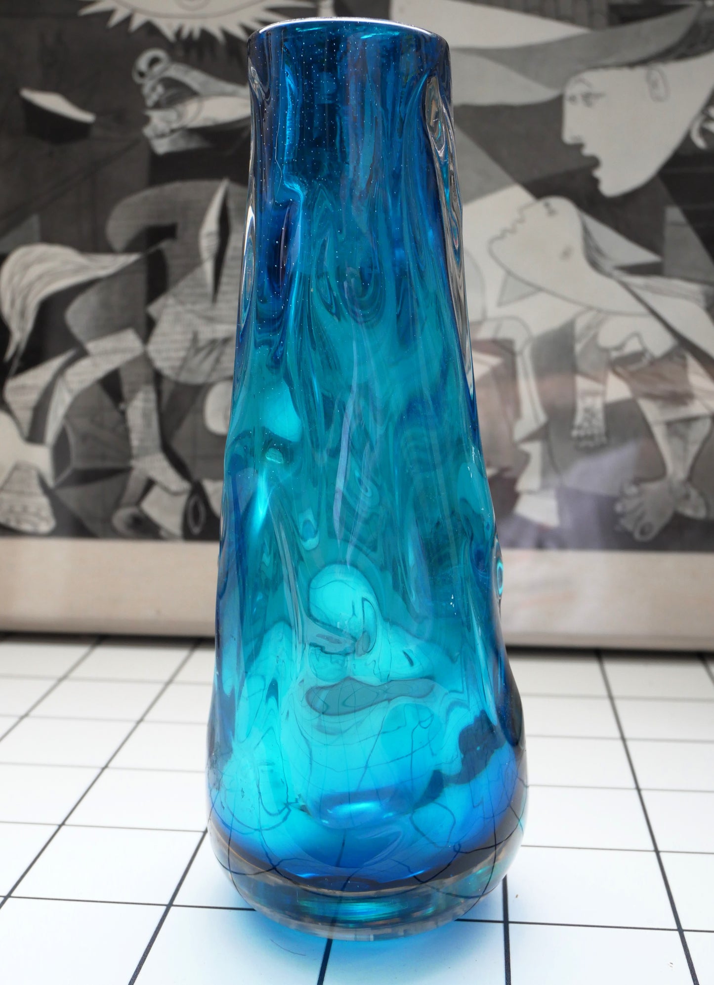 Vintage Mid Century Modern Whitefriars Kingfisher Blue Knobbly Glass Vase