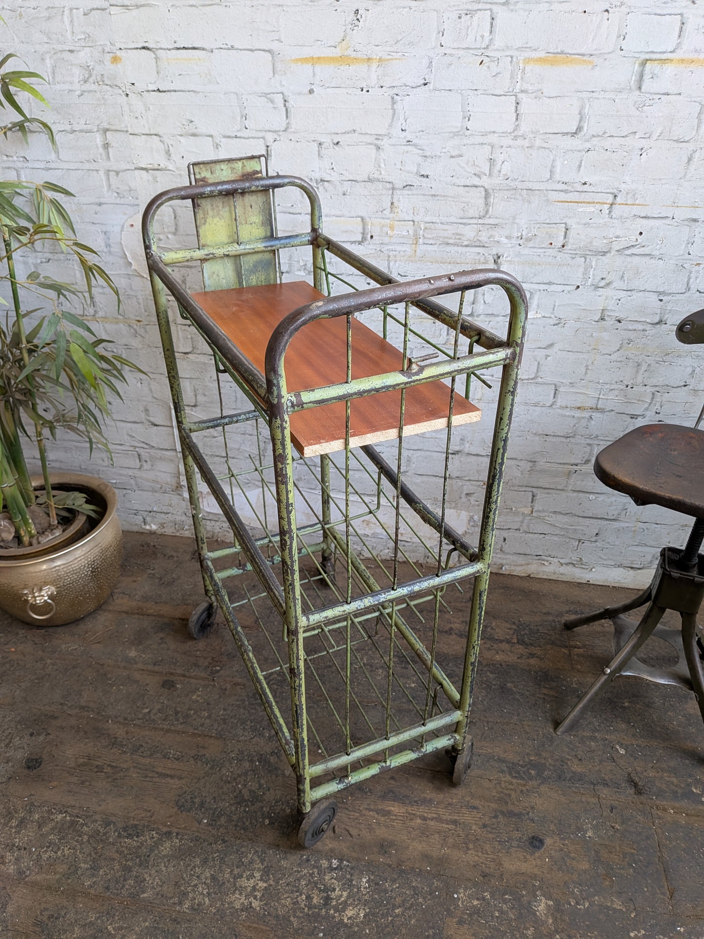 1 x Vintage 50s Mid Century Industrial Factory Steel Book Shelf Shelving Storage Trolley