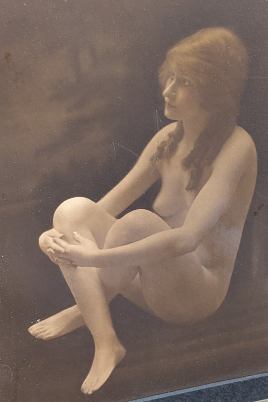 Antique Framed Hand Tinted Erotic Art Nude Seated Female Photograph