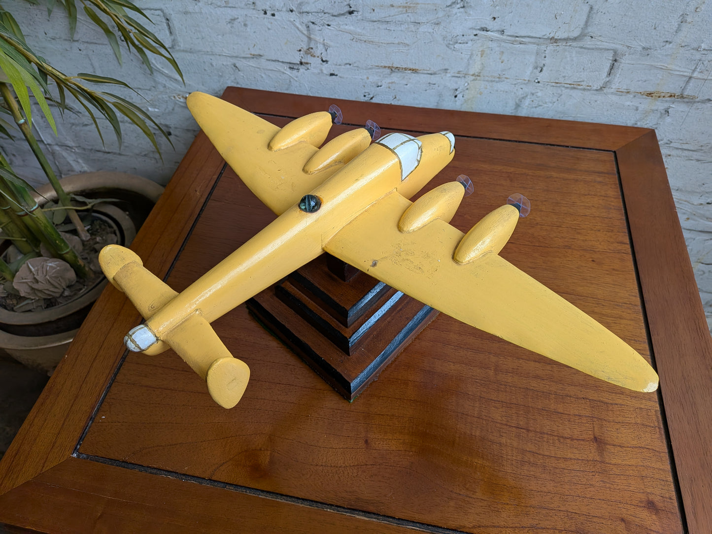 Vintage 50s 60s Folk Art Hand Painted Wooden Lancaster Bomber Toy Model on Art Deco Base