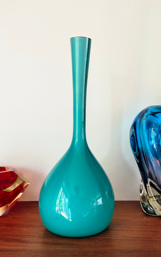 Vintage Mid Century Modern Swedish Elme Glasbruk Turquoise Cased Glass Vase