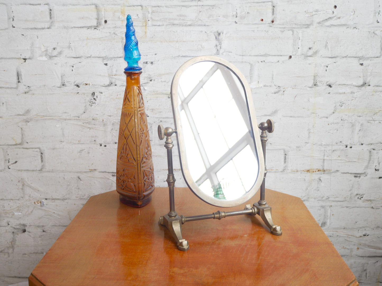 Vintage Brass Miniature Cheval Table Top Vanity Shaving Swing Mirror