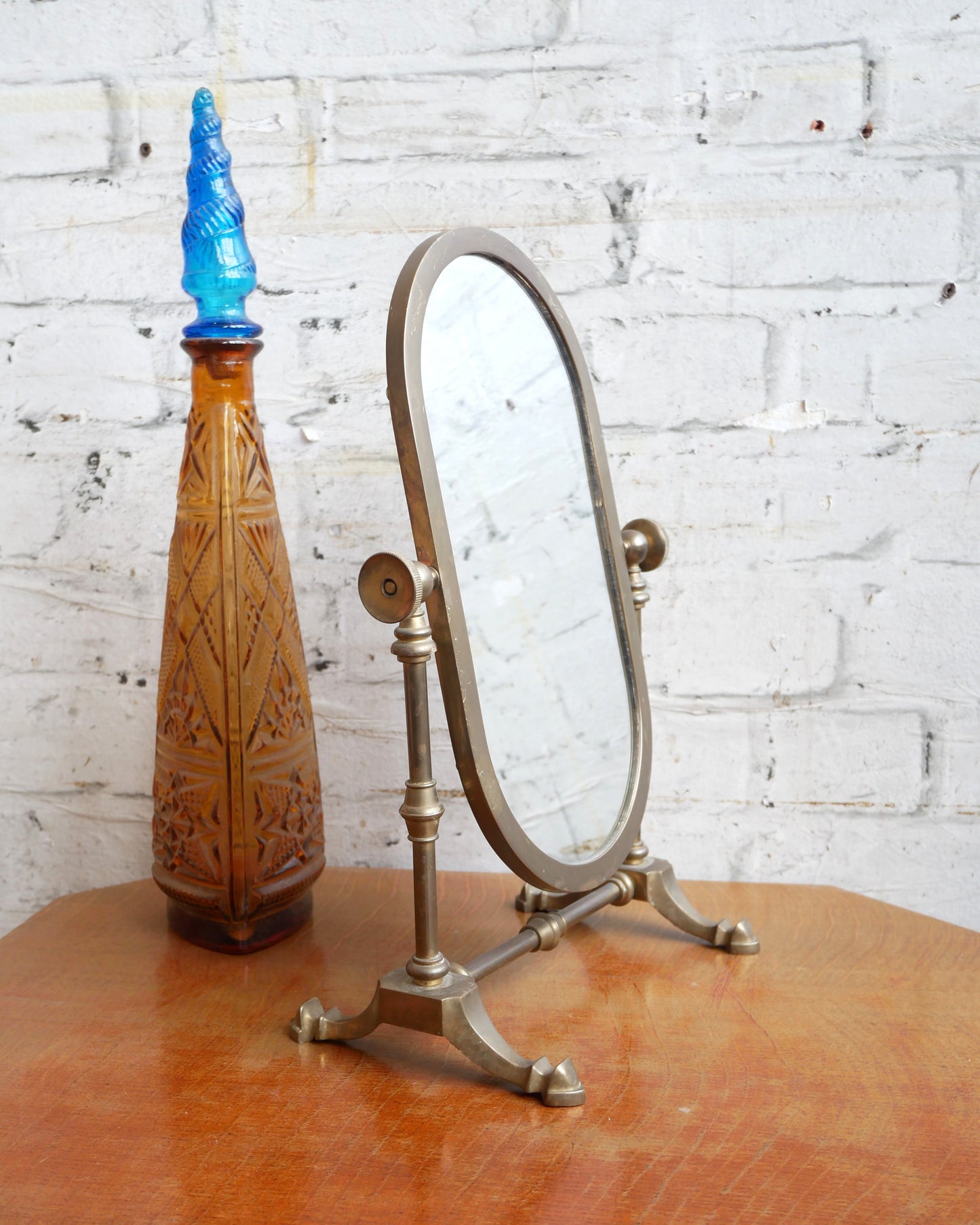 Vintage Brass Miniature Cheval Table Top Vanity Shaving Swing Mirror