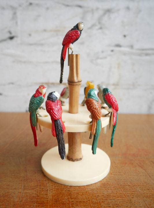 Unusual Vintage 1950s 60s Parrot Clips on a Bakelite and Cane Stand