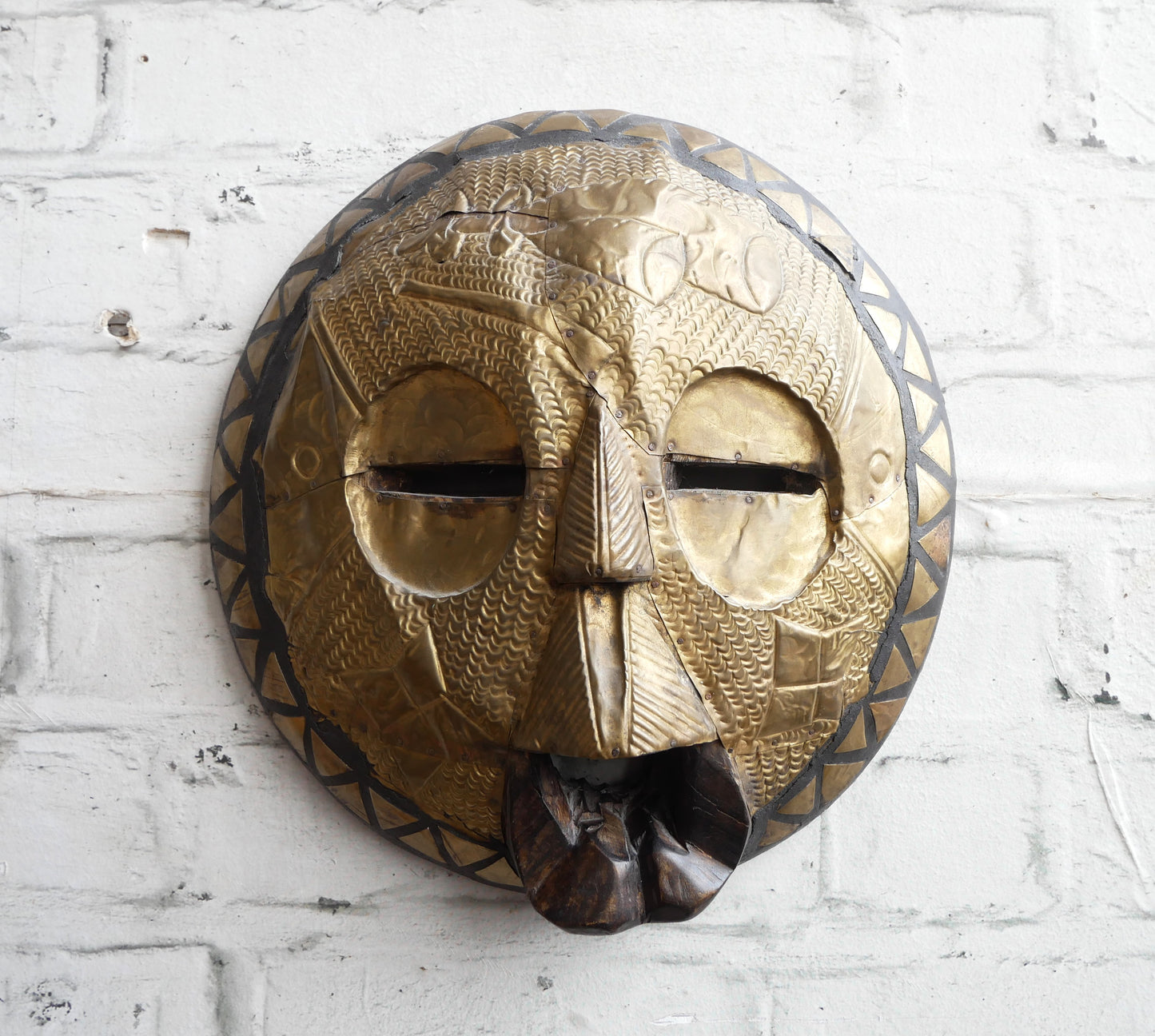 Vintage African Ghana Ghanaian Tribal Carved Wood & Pressed Brass Wall Hanging Mask