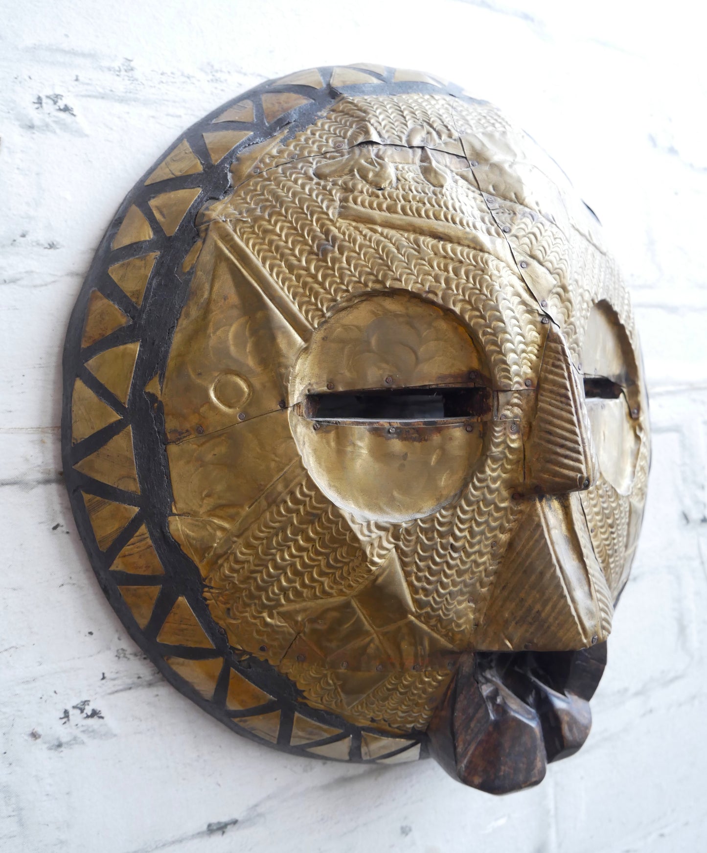 Vintage African Ghana Ghanaian Tribal Carved Wood & Pressed Brass Wall Hanging Mask