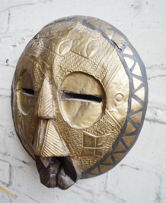 Vintage African Ghana Ghanaian Tribal Carved Wood & Pressed Brass Wall Hanging Mask