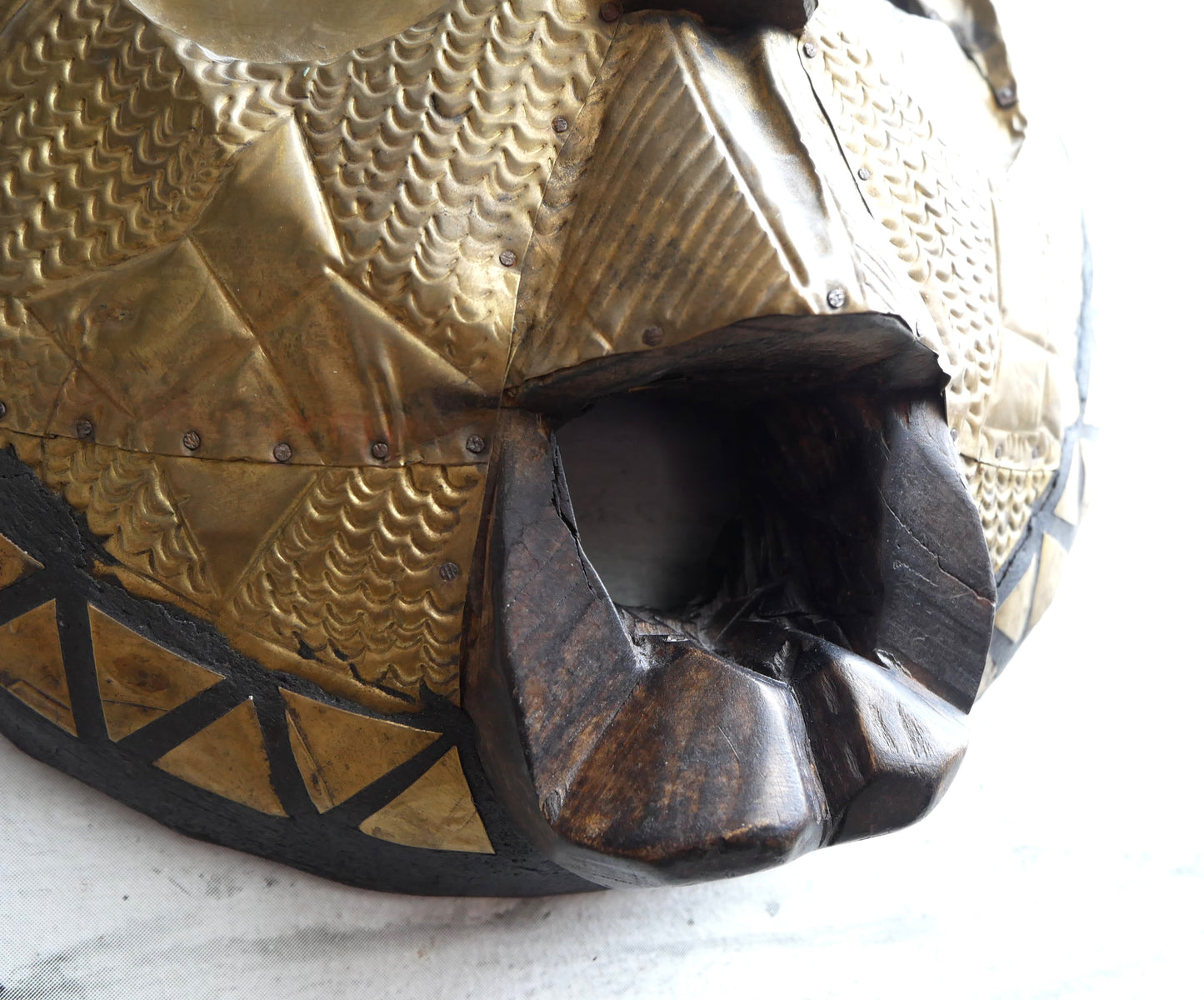 Vintage African Ghana Ghanaian Tribal Carved Wood & Pressed Brass Wall Hanging Mask