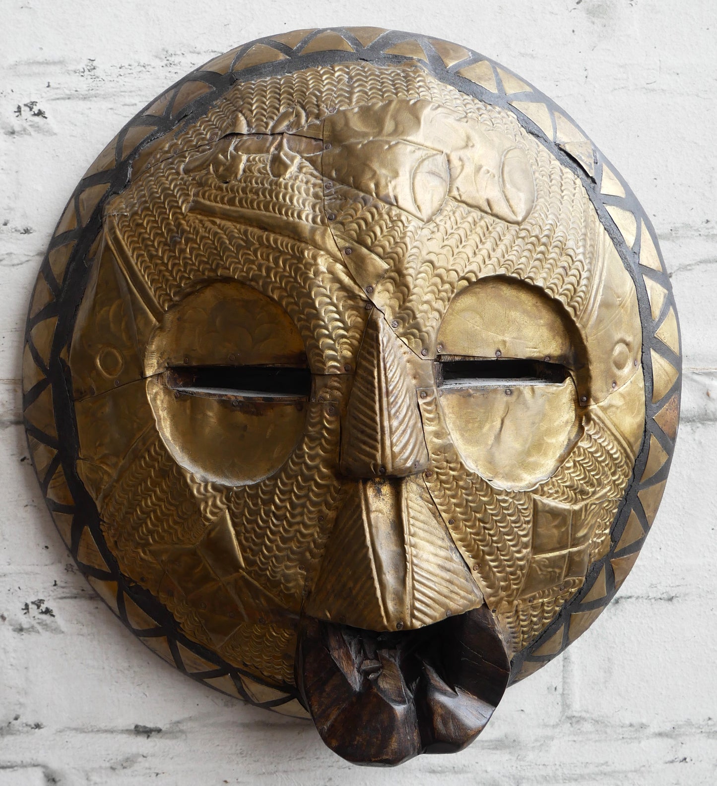 Vintage African Ghana Ghanaian Tribal Carved Wood & Pressed Brass Wall Hanging Mask