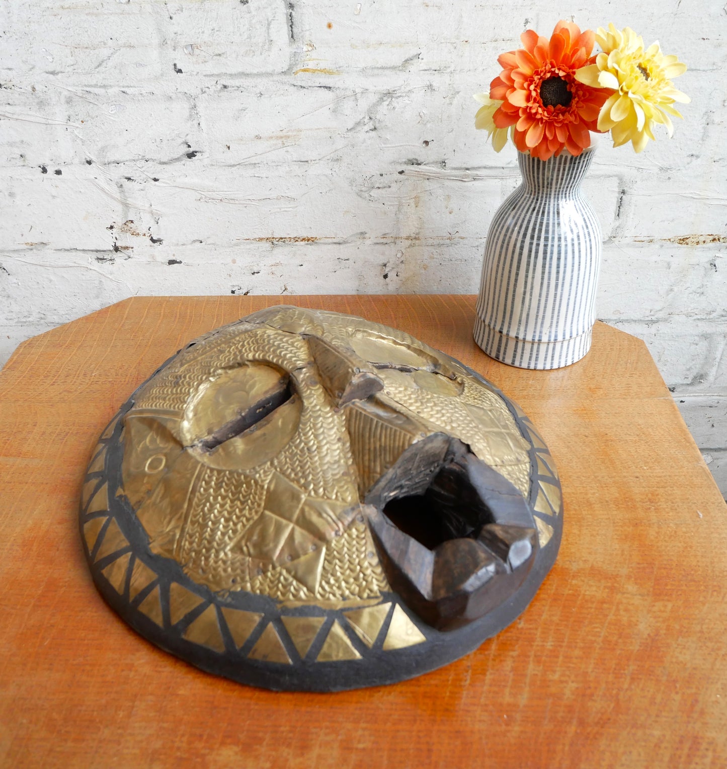 Vintage African Ghana Ghanaian Tribal Carved Wood & Pressed Brass Wall Hanging Mask