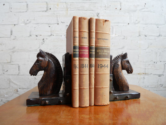 Vintage 1930s - 50s Carved Wood and Metal/ Horseshoe Nails Horse Bookends Book Stops.