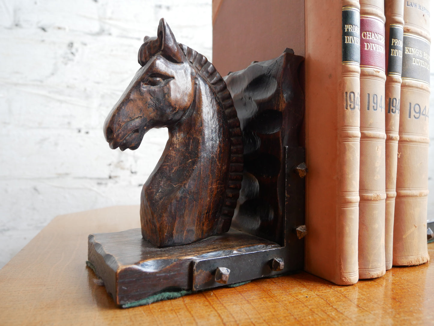 Vintage 1930s - 50s Carved Wood and Metal/ Horseshoe Nails Horse Bookends Book Stops.