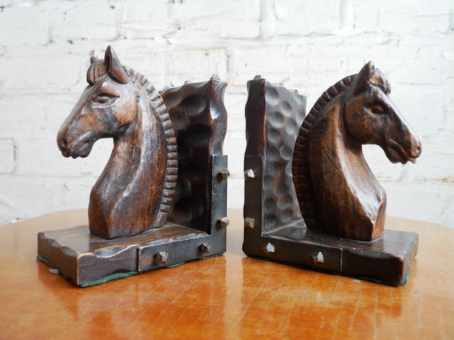 Vintage 1930s - 50s Carved Wood and Metal/ Horseshoe Nails Horse Bookends Book Stops.