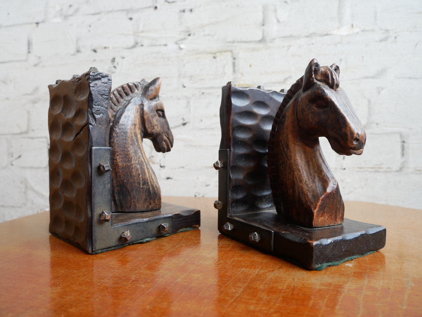 Vintage 1930s - 50s Carved Wood and Metal/ Horseshoe Nails Horse Bookends Book Stops.