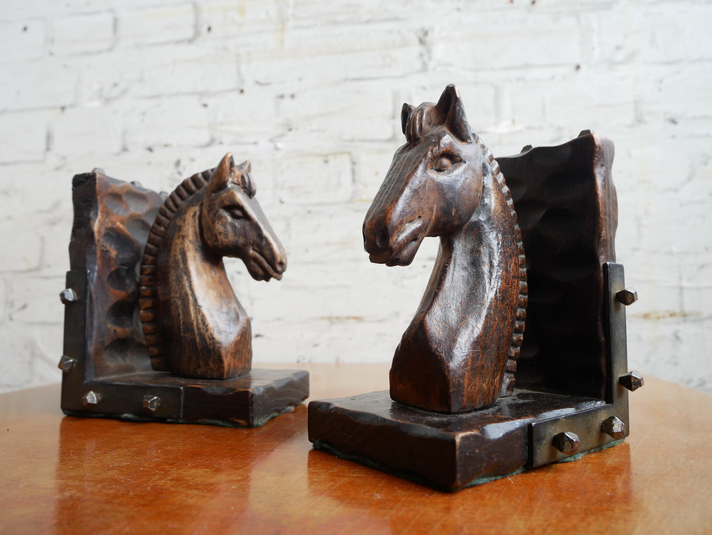 Vintage 1930s - 50s Carved Wood and Metal/ Horseshoe Nails Horse Bookends Book Stops.