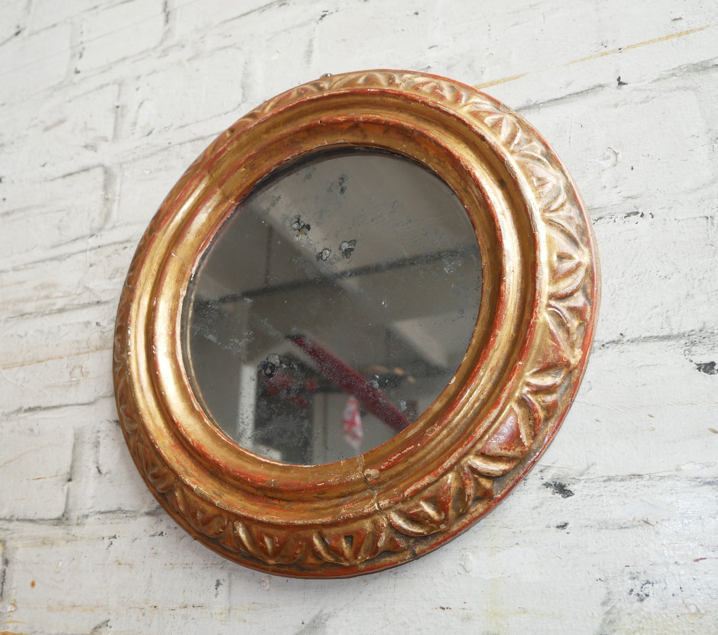 Small Antique Georgian Regency Circular Gilt Wall Mirror with Distressed Glass