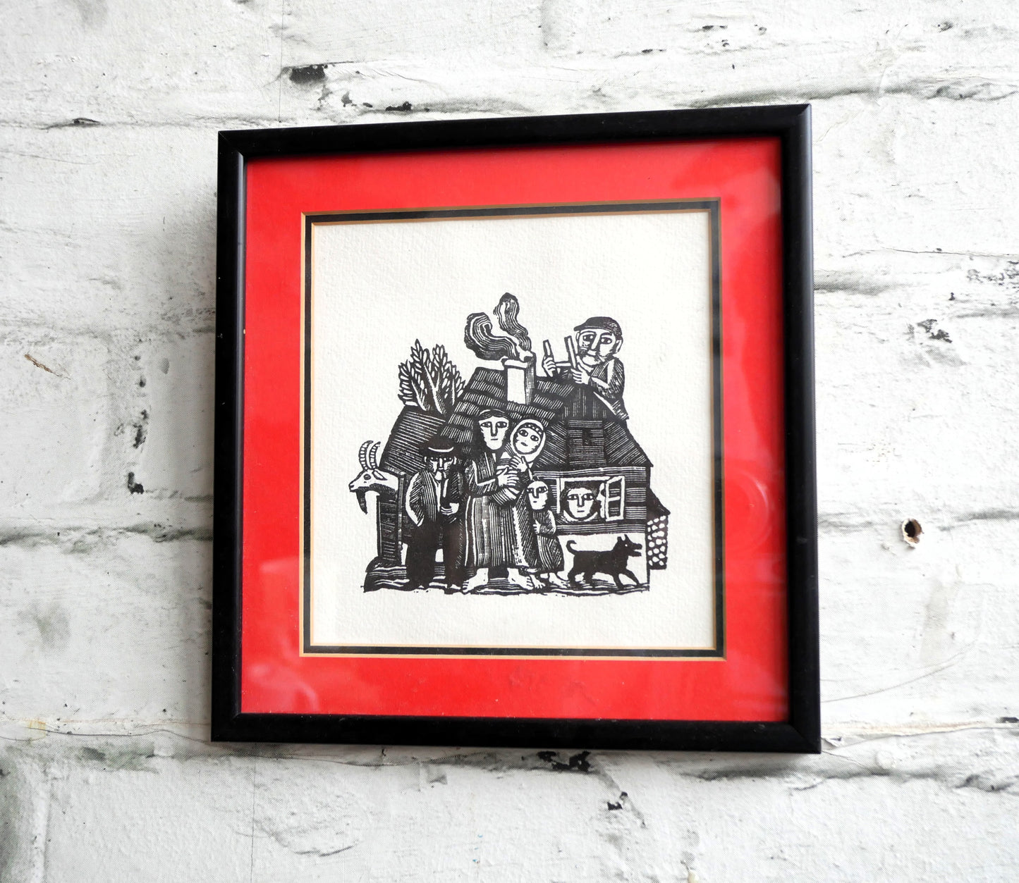 Unusual Small Vintage Wood Block Engraving Framed Art Print in the Style of Ilya Schor