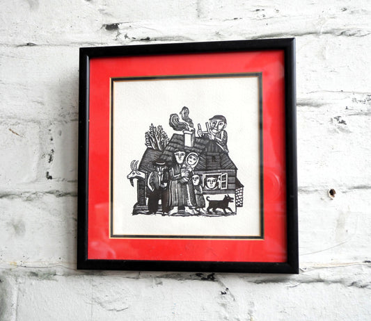 Unusual Small Vintage Wood Block Engraving Framed Art Print in the Style of Ilya Schor