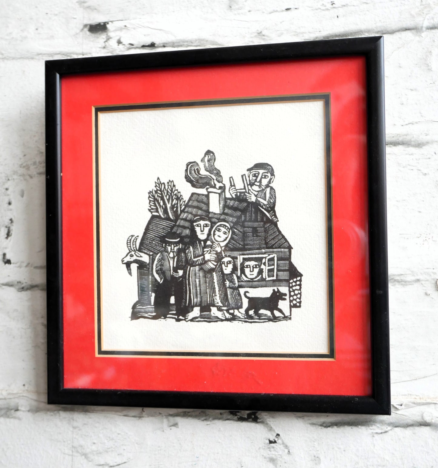 Unusual Small Vintage Wood Block Engraving Framed Art Print in the Style of Ilya Schor
