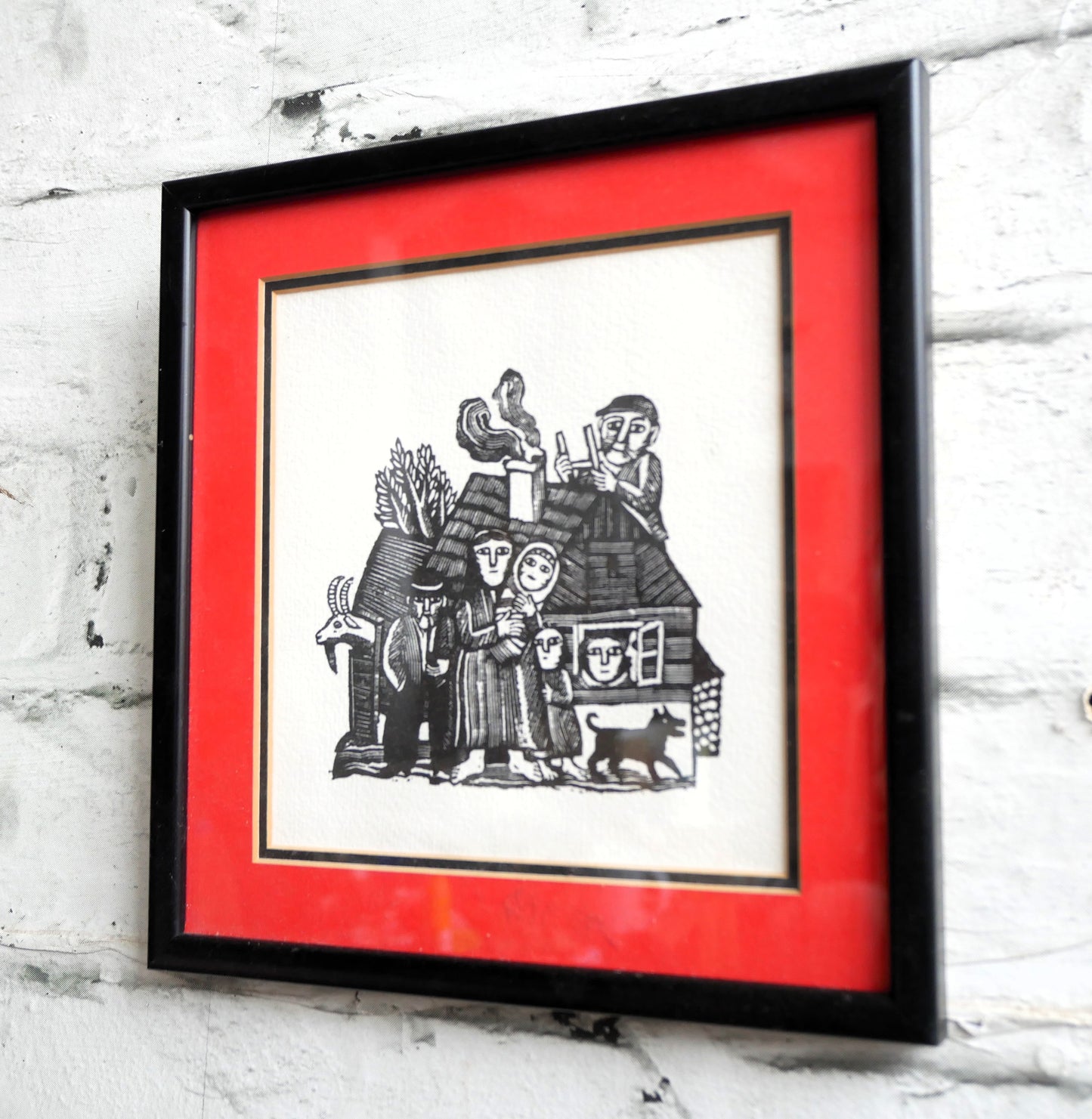 Unusual Small Vintage Wood Block Engraving Framed Art Print in the Style of Ilya Schor